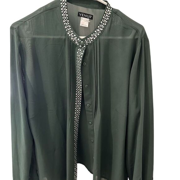 Venus Rhinestone Embellished Green‎ Blouse Women's M Long Sleeve Casual - Picture 1 of 4